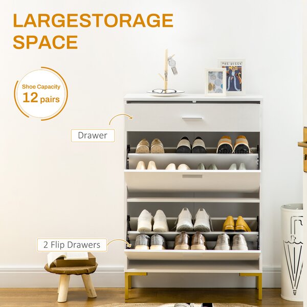 HOMCOM Modern Shoe Cabinet with Drawer and Adjustable Shelf, Hallway Shoe Cupboard Storage Organizer for 12 Pairs of Shoes, White Aosom UK