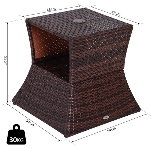 Outsunny Outdoor Patio Rattan Wicker Coffee Table Bistro Side Table w/ Umbrella Hole and Storage Space, Brown Aosom UK