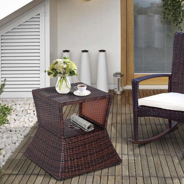 Outsunny Outdoor Patio Rattan Wicker Coffee Table Bistro Side Table w/ Umbrella Hole and Storage Space, Brown Aosom UK