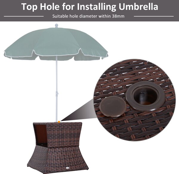 Outsunny Outdoor Patio Rattan Wicker Coffee Table Bistro Side Table w/ Umbrella Hole and Storage Space, Brown Aosom UK