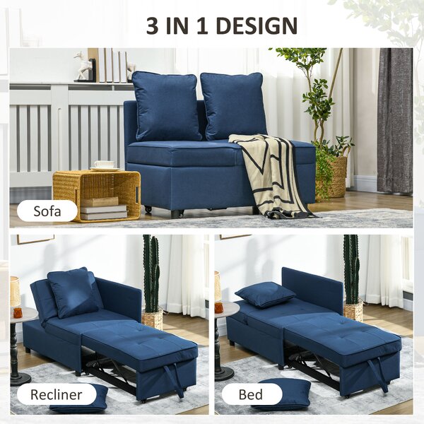 HOMCOM 3-In-1 Single Sofa Bed with Seat Thickness, Fold Out Chair Bed with 5-positon Adjustable Back & Removable and Washable Pillow, Blue Aosom UK