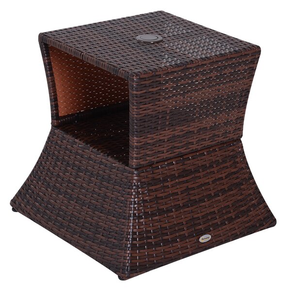 Outsunny Outdoor Patio Rattan Wicker Coffee Table Bistro Side Table w/ Umbrella Hole and Storage Space, Brown Aosom UK