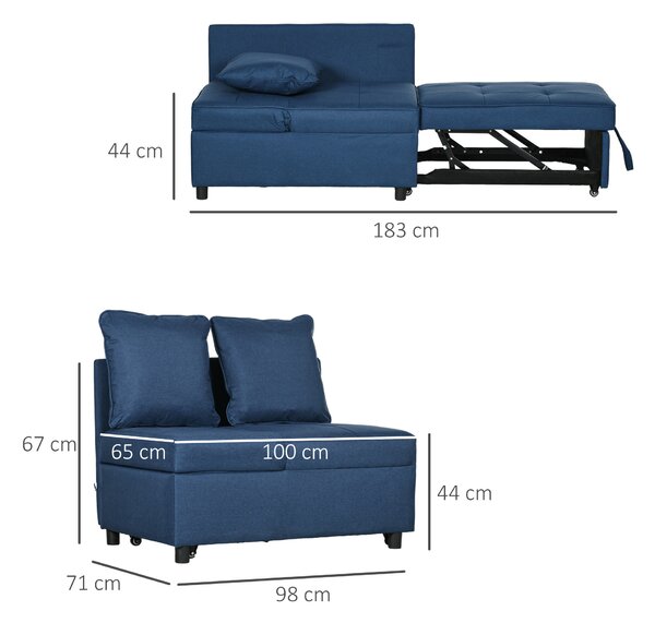 HOMCOM 3-In-1 Single Sofa Bed with Seat Thickness, Fold Out Chair Bed with 5-positon Adjustable Back & Removable and Washable Pillow, Blue Aosom UK
