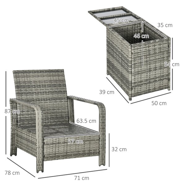 Outsunny 3 pcs PE Rattan Wicker Garden Furniture Patio Bistro Set Weave Conservatory Sofa Storage Table and Chairs Set Blue Cushion Grey Wicker