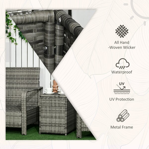 Outsunny 3 pcs PE Rattan Wicker Garden Furniture Patio Bistro Set Weave Conservatory Sofa Storage Table and Chairs Set Blue Cushion Grey Wicker