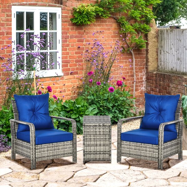 Outsunny 3 pcs PE Rattan Wicker Garden Furniture Patio Bistro Set Weave Conservatory Sofa Storage Table and Chairs Set Blue Cushion Grey Wicker