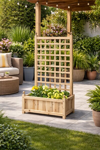 Outsunny Planter with Trellis for Climbing Vines, Wood Raised Beds for Flower, Indoor Outdoor, 58W x 21.5D x 15Hcm, Natural Aosom UK