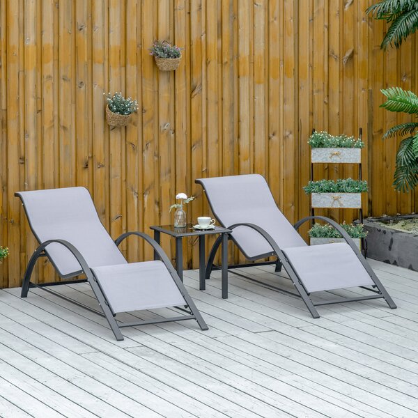 Outsunny 3 Pieces Lounge Chair Set Garden Outdoor Recliner Sunbathing Chair with Table, Light Grey Aosom UK