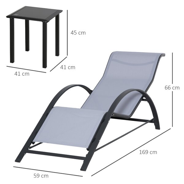 Outsunny 3 Pieces Lounge Chair Set Garden Outdoor Recliner Sunbathing Chair with Table, Light Grey Aosom UK
