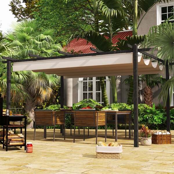 Outsunny Waterproof 4 x 3(m) Aluminum Pergola Gazebo Garden Shelter with Retractable Roof Canopy for Outdoor, Patio, Cream White Aosom UK