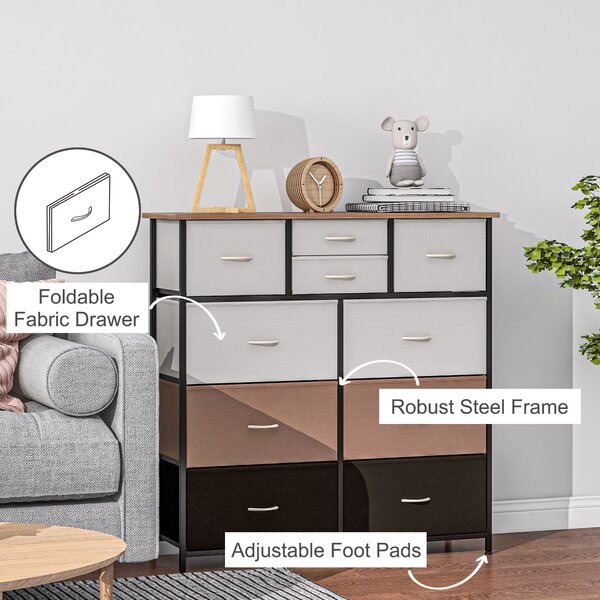 HOMCOM Chest of Drawers for Bedroom, 10-Drawer Dresser with Foldable Fabric Drawers and Metal Frame, Colourful Storage Solution Aosom UK