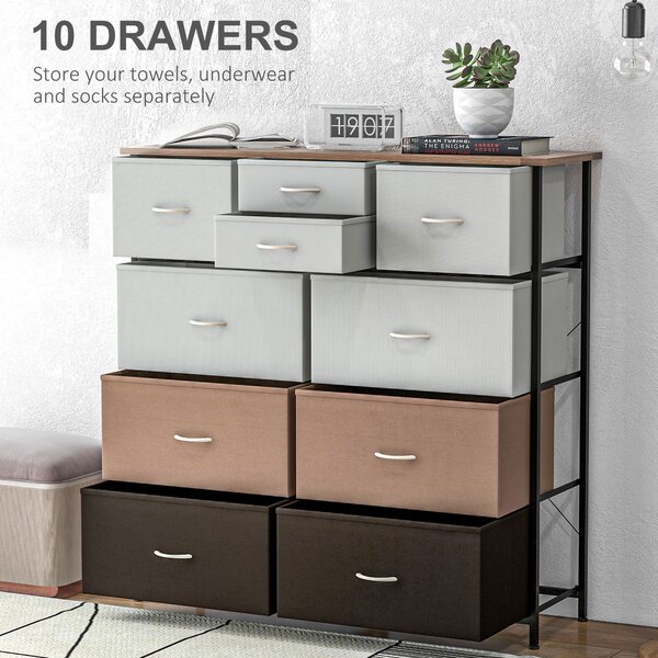 HOMCOM Chest of Drawers for Bedroom, 10-Drawer Dresser with Foldable Fabric Drawers and Metal Frame, Colourful Storage Solution Aosom UK