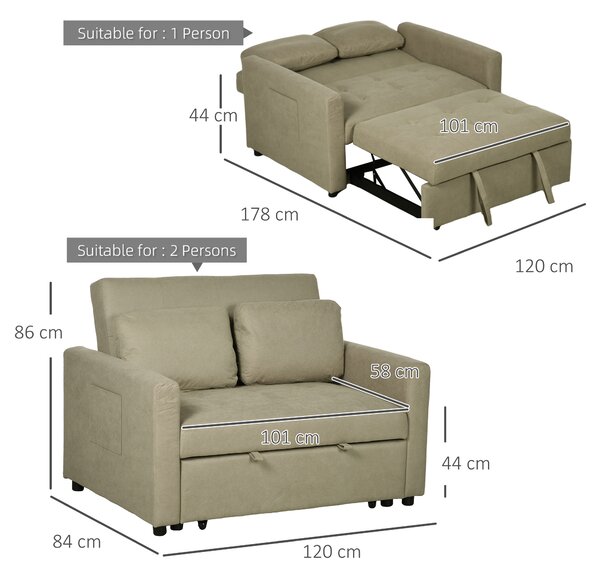 HOMCOM Loveseat Sofa Bed, Convertible Bed Settee with 2 Cushions, Side Pockets for Living Room, Light Brown