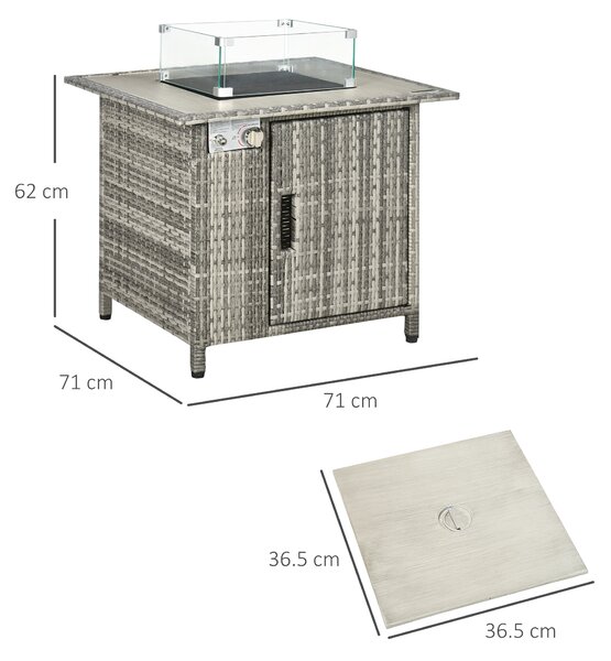 Outsunny Outdoor PE Rattan Gas Fire Pit Table, Patio Square Propane Heater w/ Rain Cover, Glass Windscreen & Lava Stone, 50000 BTU, Grey Aosom UK