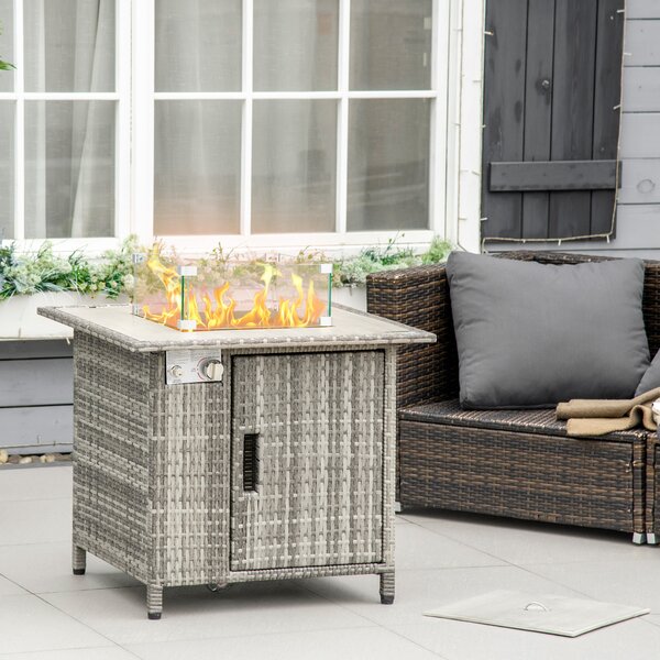 Outsunny Outdoor PE Rattan Gas Fire Pit Table, Patio Square Propane Heater w/ Rain Cover, Glass Windscreen & Lava Stone, 50000 BTU, Grey Aosom UK
