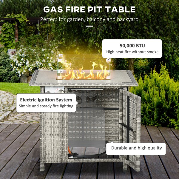 Outsunny Outdoor PE Rattan Gas Fire Pit Table, Patio Square Propane Heater w/ Rain Cover, Glass Windscreen & Lava Stone, 50000 BTU, Grey Aosom UK