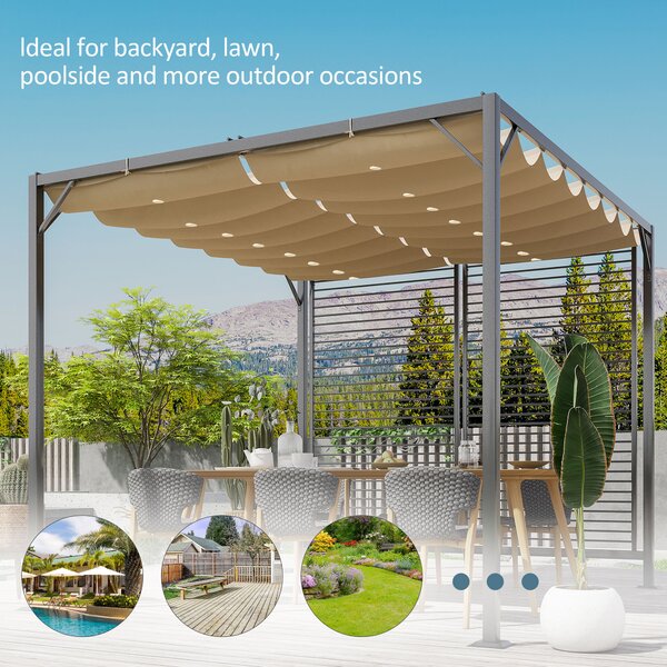 Outsunny 3x2.8m Retractable Garden Pergola, Heavy-Duty Metal Frame Outdoor Sun Shade Canopy Shelter for Patio & Decking, Beige Aosom UK