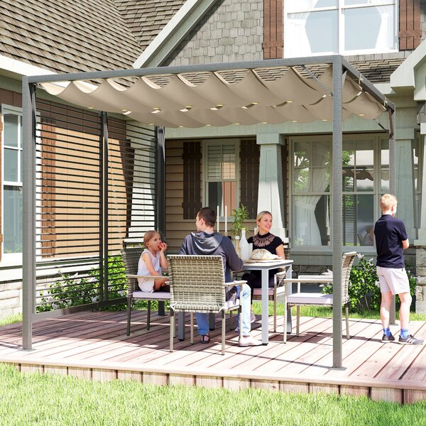 Outsunny 3x2.8m Retractable Garden Pergola, Heavy-Duty Metal Frame Outdoor Sun Shade Canopy Shelter for Patio & Decking, Beige Aosom UK