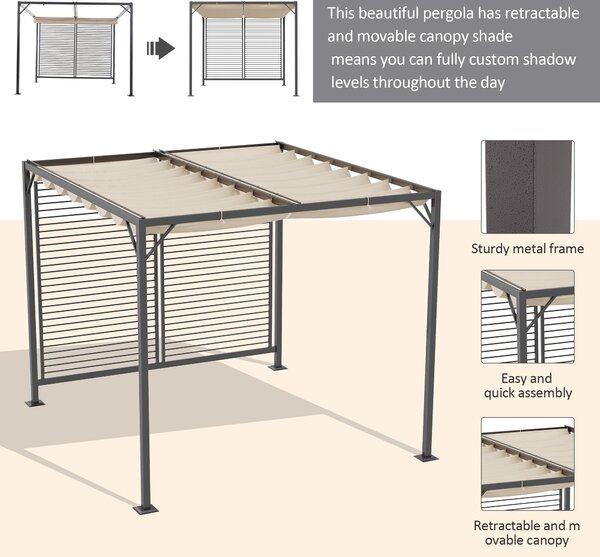 Outsunny 3x2.8m Retractable Garden Pergola, Heavy-Duty Metal Frame Outdoor Sun Shade Canopy Shelter for Patio & Decking, Beige Aosom UK