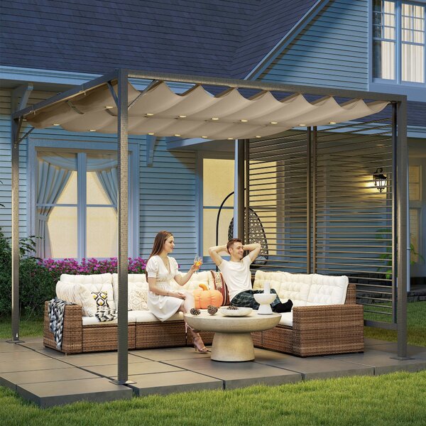 Outsunny 3x2.8m Retractable Garden Pergola, Heavy-Duty Metal Frame Outdoor Sun Shade Canopy Shelter for Patio & Decking, Beige Aosom UK