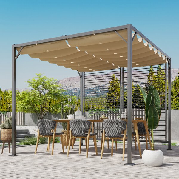 Outsunny 3x2.8m Retractable Garden Pergola, Heavy-Duty Metal Frame Outdoor Sun Shade Canopy Shelter for Patio & Decking, Beige Aosom UK