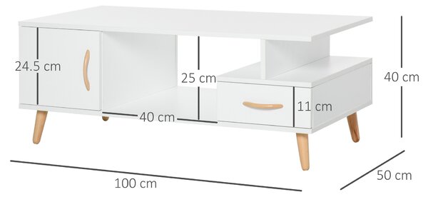 HOMCOM Modern Minimalism Coffee Table with Storage, Sofa Side Table with Shelf & Drawer for Living Room Reception Room, White