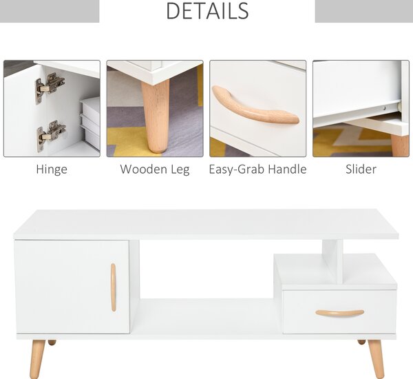 HOMCOM Modern Minimalism Coffee Table with Storage, Sofa Side Table with Shelf & Drawer for Living Room Reception Room, White