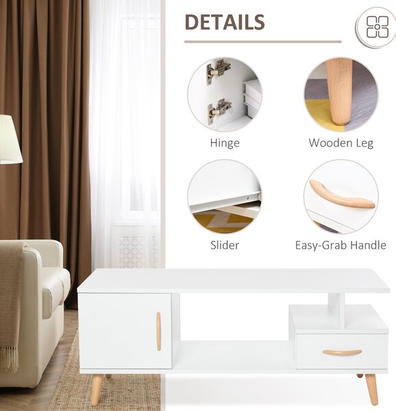 HOMCOM Modern Minimalism Coffee Table with Storage, Sofa Side Table with Shelf & Drawer for Living Room Reception Room, White