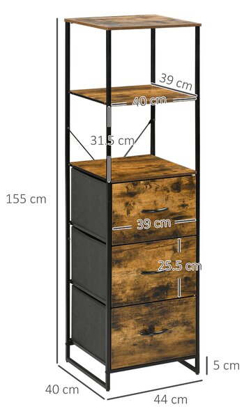 HOMCOM Industrial-Style Bookshelf, Tall Bookcase w/ 2 Open Shelves & 3 Foldable Fabric Drawers, Multifunctional Storage Unit, Rustic Brown Aosom UK
