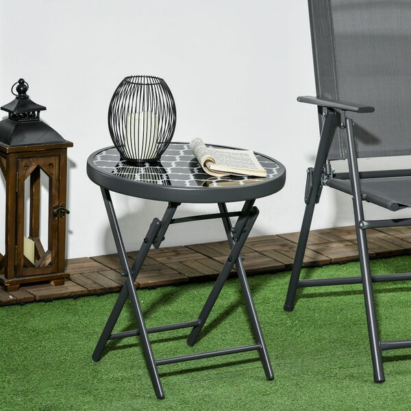 Outsunny Φ45cm Outdoor Side Table, Round Folding Patio Table with Imitation Marble Glass Top, Small Coffee Table, Black Aosom UK
