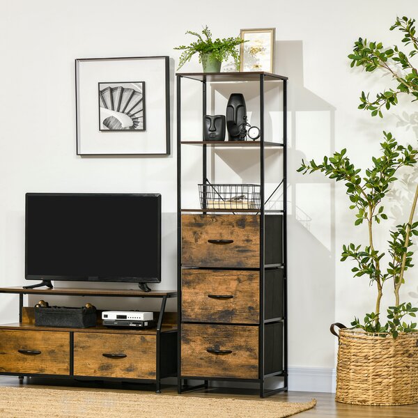 HOMCOM Industrial-Style Bookshelf, Tall Bookcase w/ 2 Open Shelves & 3 Foldable Fabric Drawers, Multifunctional Storage Unit, Rustic Brown Aosom UK