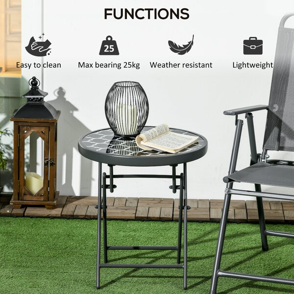 Outsunny Φ45cm Outdoor Side Table, Round Folding Patio Table with Imitation Marble Glass Top, Small Coffee Table, Black Aosom UK
