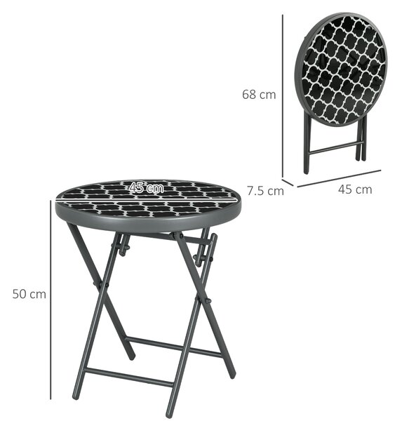 Outsunny Φ45cm Outdoor Side Table, Round Folding Patio Table with Imitation Marble Glass Top, Small Coffee Table, Black Aosom UK