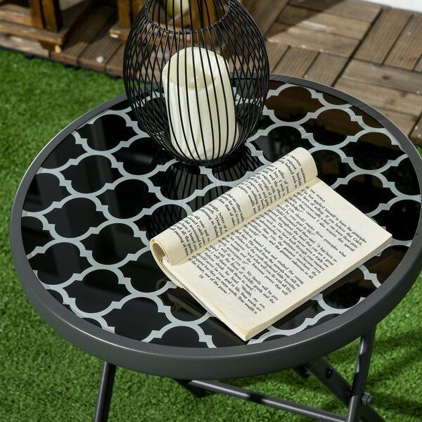 Outsunny Φ45cm Outdoor Side Table, Round Folding Patio Table with Imitation Marble Glass Top, Small Coffee Table, Black Aosom UK