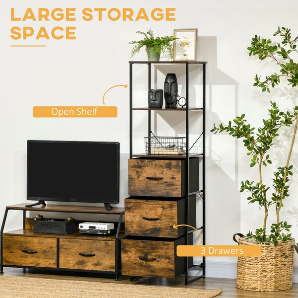 HOMCOM Industrial-Style Bookshelf, Tall Bookcase w/ 2 Open Shelves & 3 Foldable Fabric Drawers, Multifunctional Storage Unit, Rustic Brown Aosom UK