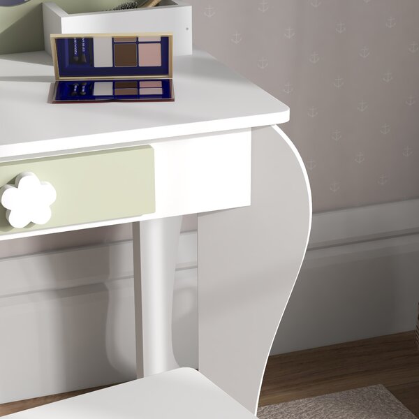 ZONEKIZ Kids Vanity Table with Mirror and Stool, Drawer, Storage Boxes, Beauty Flower Design, for 3-6 Years Old, White Aosom UK