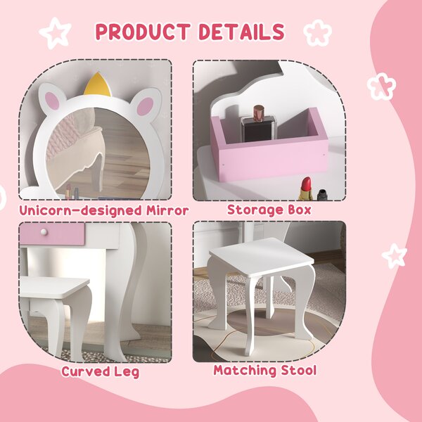 ZONEKIZ Kids Dressing Table, Unicorn Design with Mirror & Stool, Creative Play, White Aosom UK