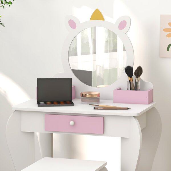 ZONEKIZ Kids Dressing Table, Unicorn Design with Mirror & Stool, Creative Play, White Aosom UK