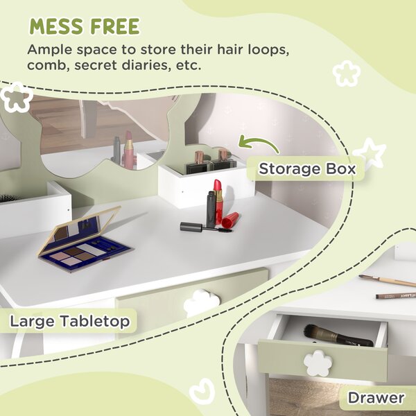ZONEKIZ Kids Vanity Table with Mirror and Stool, Drawer, Storage Boxes, Beauty Flower Design, for 3-6 Years Old, White Aosom UK