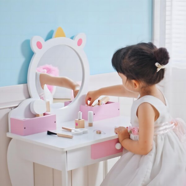 ZONEKIZ Kids Dressing Table, Unicorn Design with Mirror & Stool, Creative Play, White Aosom UK