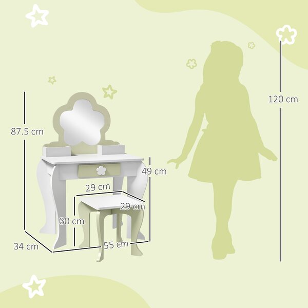 ZONEKIZ Kids Vanity Table with Mirror and Stool, Drawer, Storage Boxes, Beauty Flower Design, for 3-6 Years Old, White Aosom UK