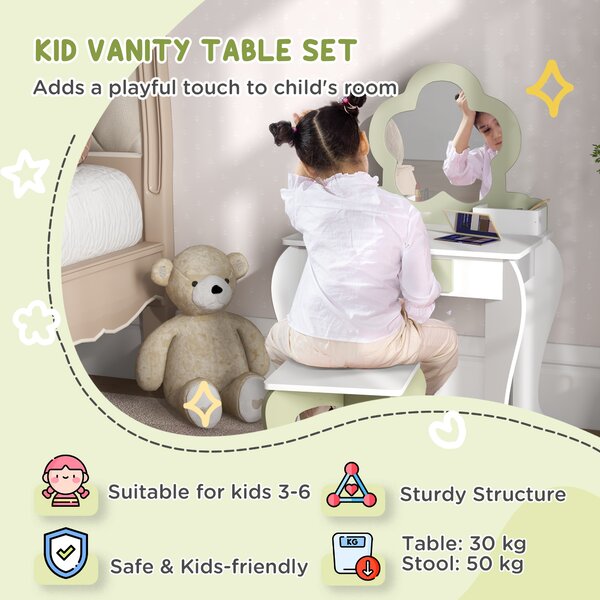 ZONEKIZ Kids Vanity Table with Mirror and Stool, Drawer, Storage Boxes, Beauty Flower Design, for 3-6 Years Old, White Aosom UK