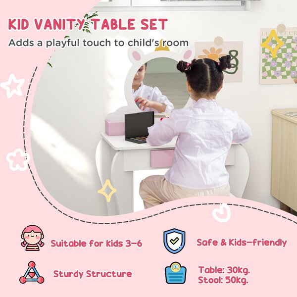 ZONEKIZ Kids Dressing Table, Unicorn Design with Mirror & Stool, Creative Play, White Aosom UK