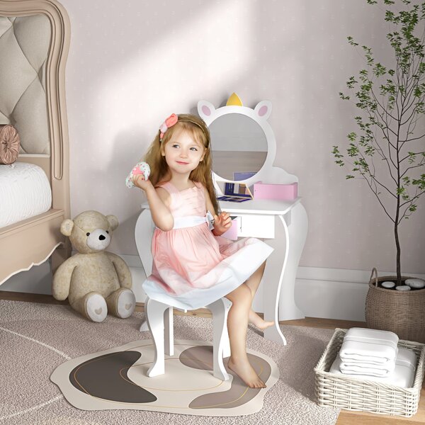 ZONEKIZ Kids Dressing Table, Unicorn Design with Mirror & Stool, Creative Play, White Aosom UK