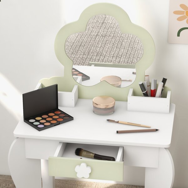 ZONEKIZ Kids Vanity Table with Mirror and Stool, Drawer, Storage Boxes, Beauty Flower Design, for 3-6 Years Old, White Aosom UK