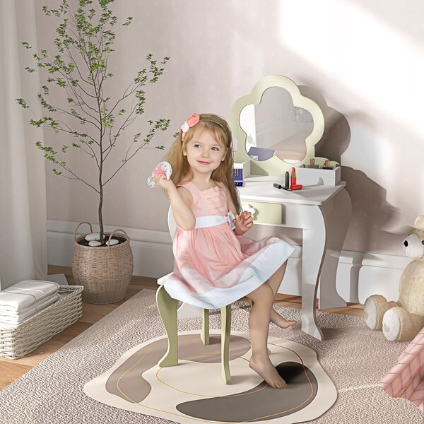 ZONEKIZ Kids Vanity Table with Mirror and Stool, Drawer, Storage Boxes, Beauty Flower Design, for 3-6 Years Old, White Aosom UK