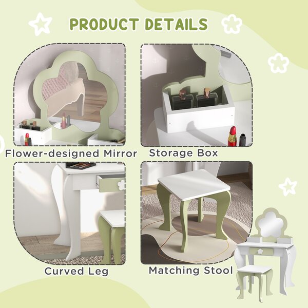 ZONEKIZ Kids Vanity Table with Mirror and Stool, Drawer, Storage Boxes, Beauty Flower Design, for 3-6 Years Old, White Aosom UK
