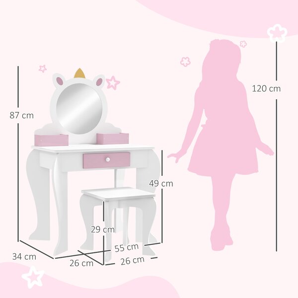 ZONEKIZ Kids Dressing Table, Unicorn Design with Mirror & Stool, Creative Play, White Aosom UK