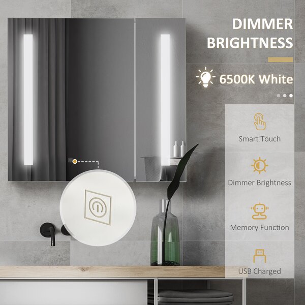 Kleankin Illuminated Bathroom Cabinet: Wall-Mounted with LED Mirror, Adjustable Shelf, Touch Switch, USB Charging, Pristine White Aosom UK