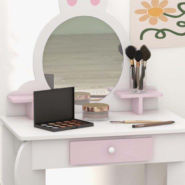 ZONEKIZ Bunny-Design Kids Dressing Table, with Mirror and Stool, Fun and Functional, White and Pink Aosom UK